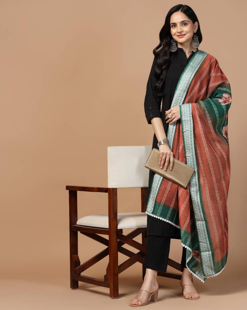 Digital Ethnic Motif Print Chanderi Cotton Crochet Work Regular Dupatta Wear on Kurti For Women and Girls