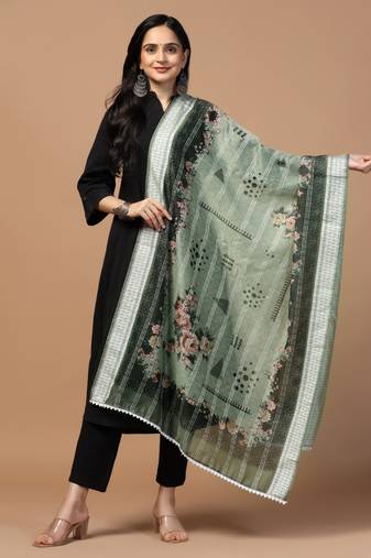 Digital Ethnic Motif Print Chanderi Cotton Crochet Work Regular Dupatta Wear on Kurti For Women and Girls