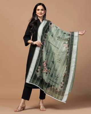 Digital Ethnic Motif Print Chanderi Cotton Crochet Work Regular Dupatta Wear on Kurti For Women and Girls 1