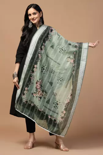 Digital Ethnic Motif Print Chanderi Cotton Crochet Work Regular Dupatta Wear on Kurti For Women and Girls