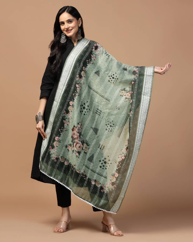 Digital Ethnic Motif Print Chanderi Cotton Crochet Work Regular Dupatta Wear on Kurti For Women and Girls