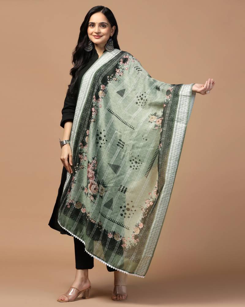 Digital Ethnic Motif Print Chanderi Cotton Crochet Work Regular Dupatta Wear on Kurti For Women and Girls