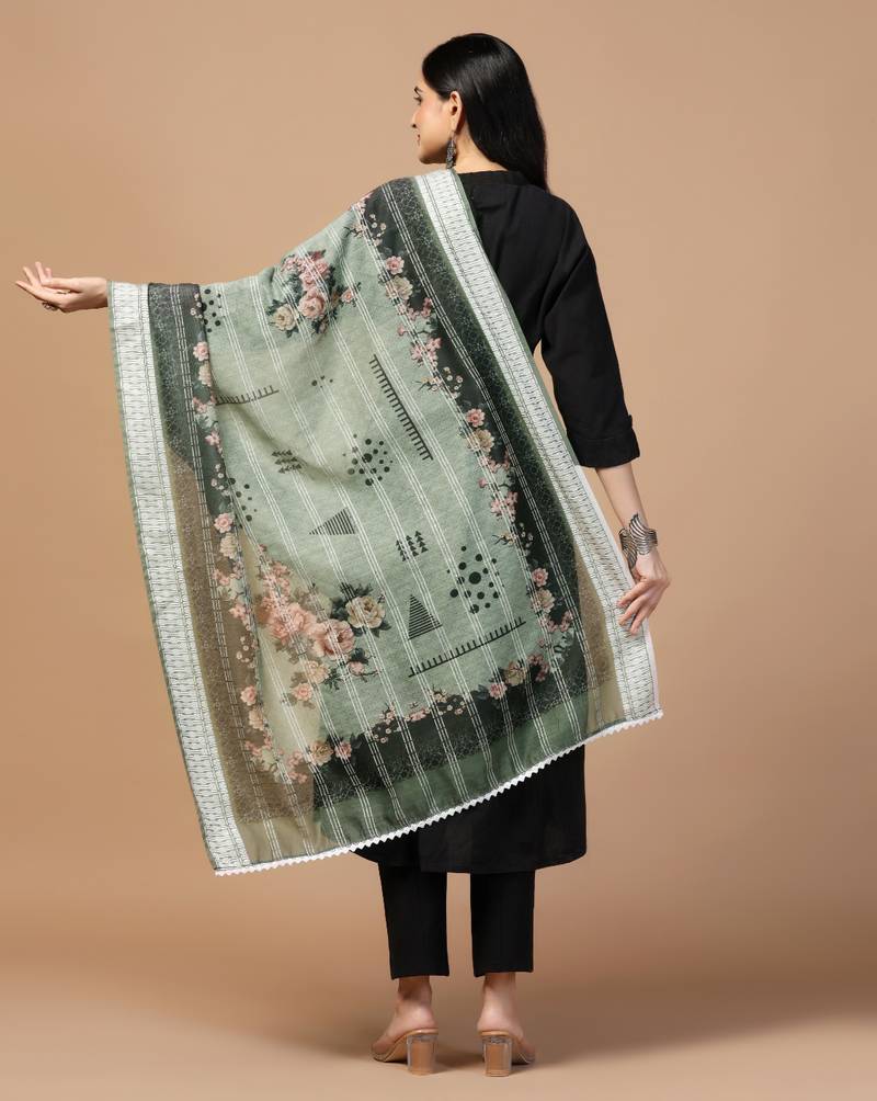 Digital Ethnic Motif Print Chanderi Cotton Crochet Work Regular Dupatta Wear on Kurti For Women and Girls