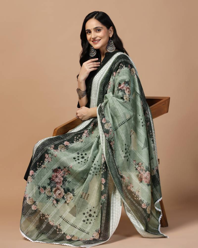 Digital Ethnic Motif Print Chanderi Cotton Crochet Work Regular Dupatta Wear on Kurti For Women and Girls