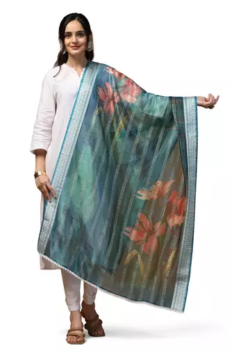 Digital Ethnic Motif Print Orgenza Khadi Silk Crochet Work Regular Dupatta Wear on Kurti For Women and Girls