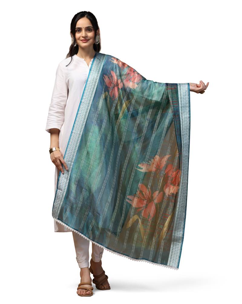 Digital Ethnic Motif Print Orgenza Khadi Silk Crochet Work Regular Dupatta Wear on Kurti For Women and Girls