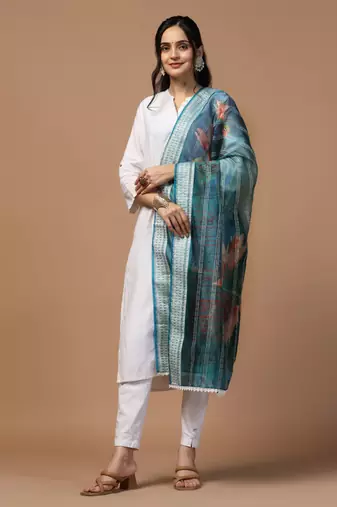 Digital Ethnic Motif Print Orgenza Khadi Silk Crochet Work Regular Dupatta Wear on Kurti For Women and Girls