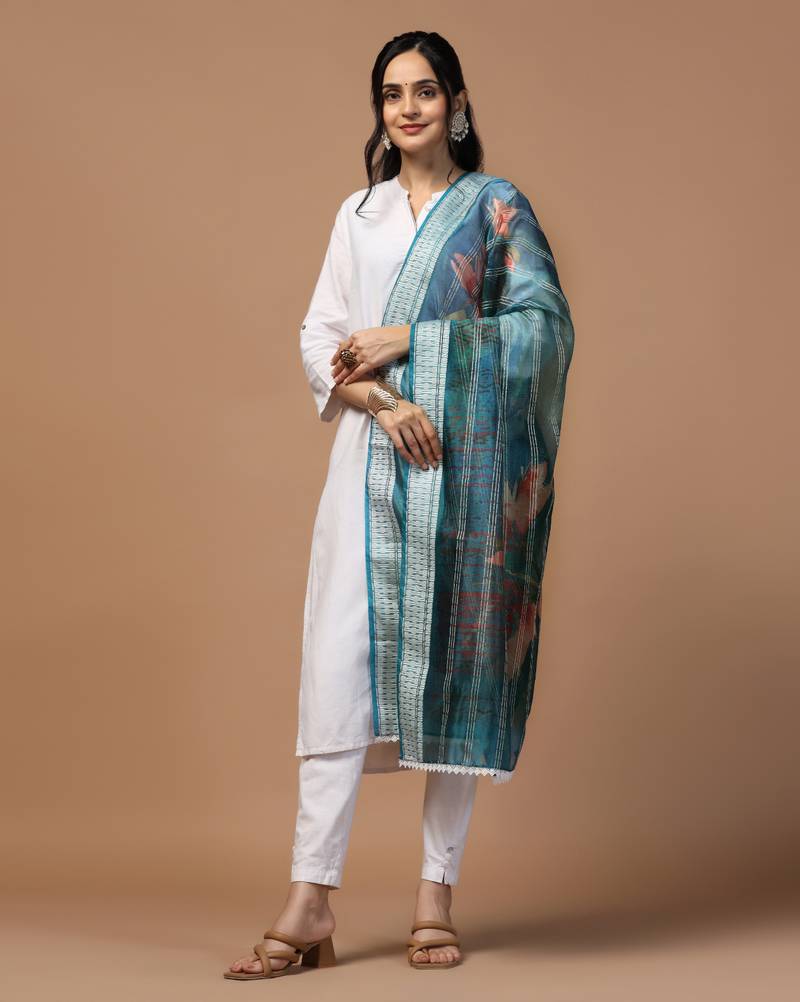 Digital Ethnic Motif Print Orgenza Khadi Silk Crochet Work Regular Dupatta Wear on Kurti For Women and Girls