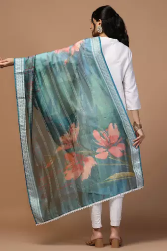 Digital Ethnic Motif Print Orgenza Khadi Silk Crochet Work Regular Dupatta Wear on Kurti For Women and Girls