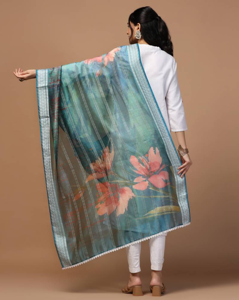 Digital Ethnic Motif Print Orgenza Khadi Silk Crochet Work Regular Dupatta Wear on Kurti For Women and Girls