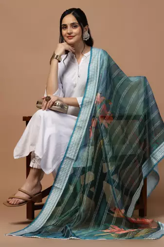 Digital Ethnic Motif Print Orgenza Khadi Silk Crochet Work Regular Dupatta Wear on Kurti For Women and Girls