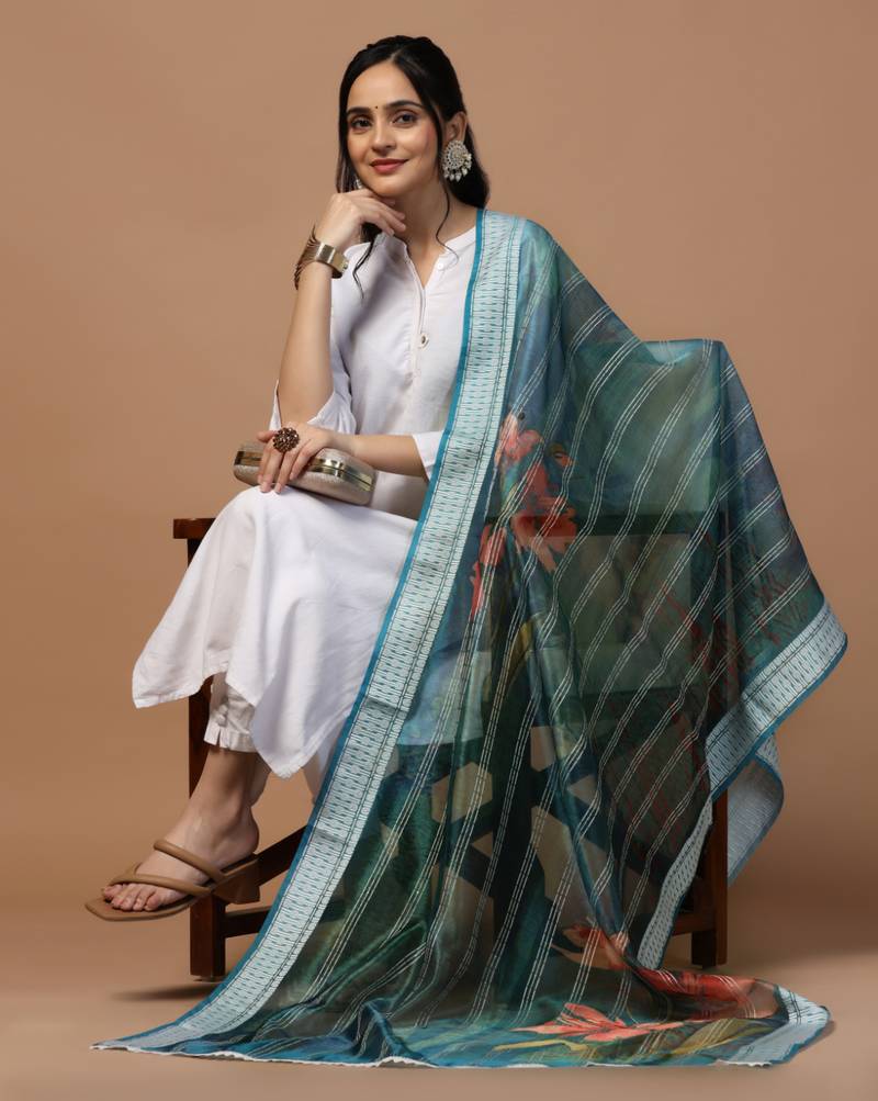 Digital Ethnic Motif Print Orgenza Khadi Silk Crochet Work Regular Dupatta Wear on Kurti For Women and Girls