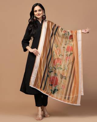 Digital Ethnic Motif Print Orgenza Khadi Silk Crochet Work Regular Dupatta Wear on Kurti For Women and Girls 1
