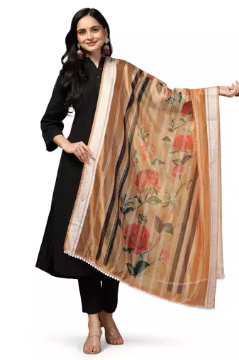 Digital Ethnic Motif Print Orgenza Khadi Silk Crochet Work Regular Dupatta Wear on Kurti For Women and Girls