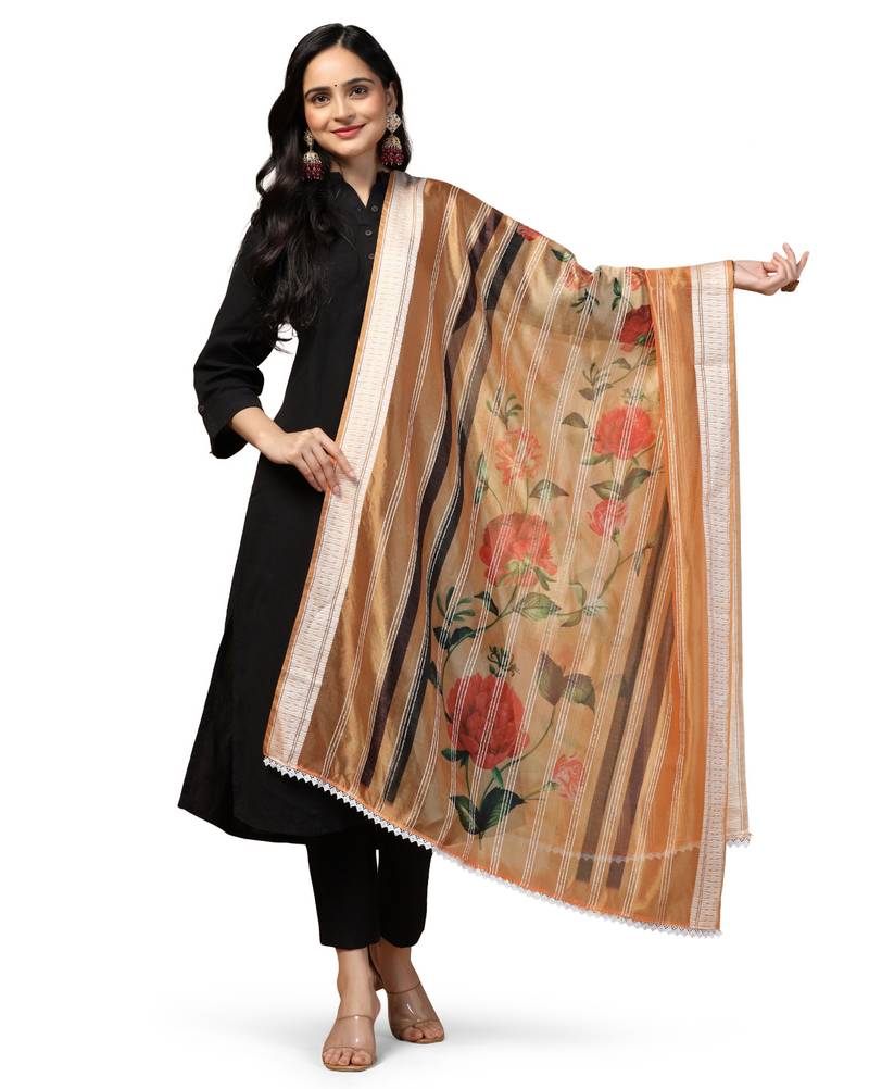 Digital Ethnic Motif Print Orgenza Khadi Silk Crochet Work Regular Dupatta Wear on Kurti For Women and Girls