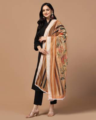 Digital Ethnic Motif Print Orgenza Khadi Silk Crochet Work Regular Dupatta Wear on Kurti For Women and Girls 3