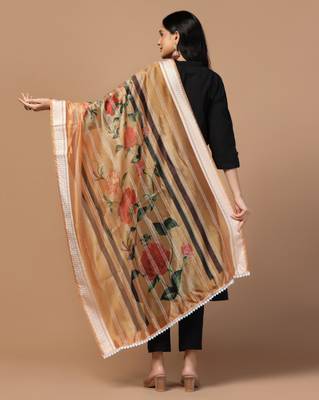 Digital Ethnic Motif Print Orgenza Khadi Silk Crochet Work Regular Dupatta Wear on Kurti For Women and Girls 4