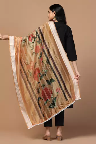 Digital Ethnic Motif Print Orgenza Khadi Silk Crochet Work Regular Dupatta Wear on Kurti For Women and Girls