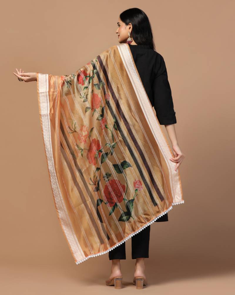 Digital Ethnic Motif Print Orgenza Khadi Silk Crochet Work Regular Dupatta Wear on Kurti For Women and Girls