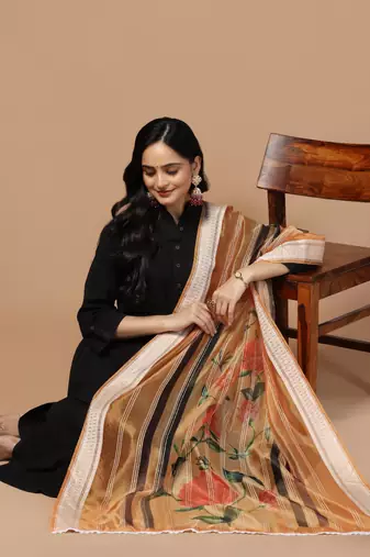 Digital Ethnic Motif Print Orgenza Khadi Silk Crochet Work Regular Dupatta Wear on Kurti For Women and Girls