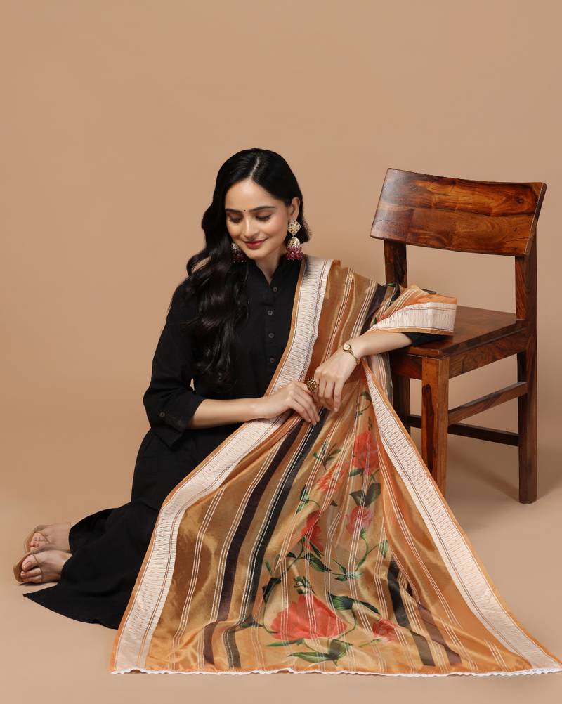 Digital Ethnic Motif Print Orgenza Khadi Silk Crochet Work Regular Dupatta Wear on Kurti For Women and Girls