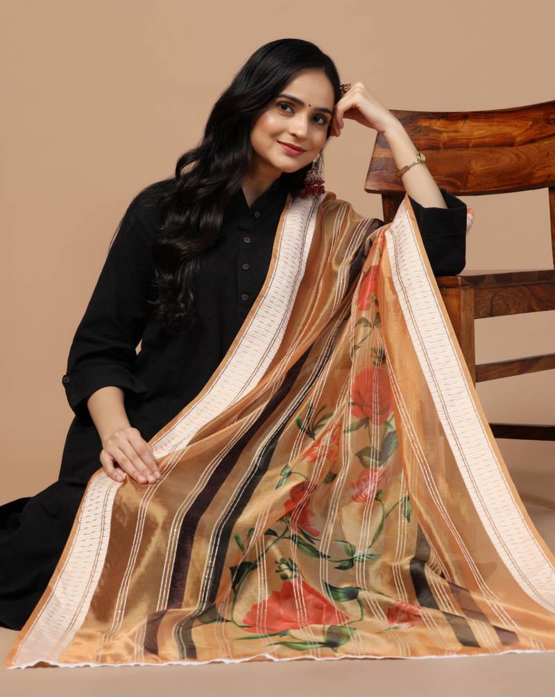 Digital Ethnic Motif Print Orgenza Khadi Silk Crochet Work Regular Dupatta Wear on Kurti For Women and Girls