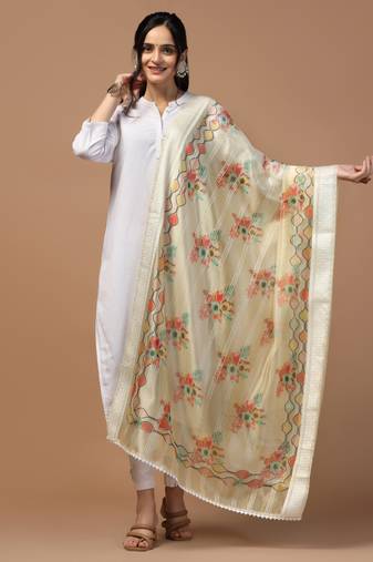 Digital Ethnic Motif Print Orgenza Khadi Silk Crochet Work Regular Dupatta Wear on Kurti For Women and Girls