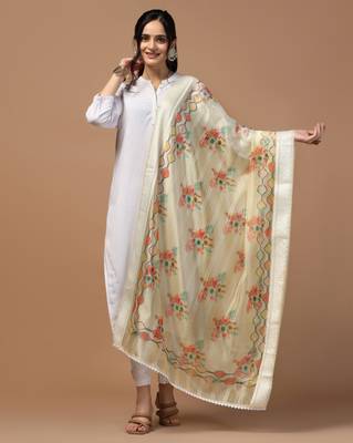 Digital Ethnic Motif Print Orgenza Khadi Silk Crochet Work Regular Dupatta Wear on Kurti For Women and Girls 1
