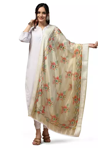 Digital Ethnic Motif Print Orgenza Khadi Silk Crochet Work Regular Dupatta Wear on Kurti For Women and Girls