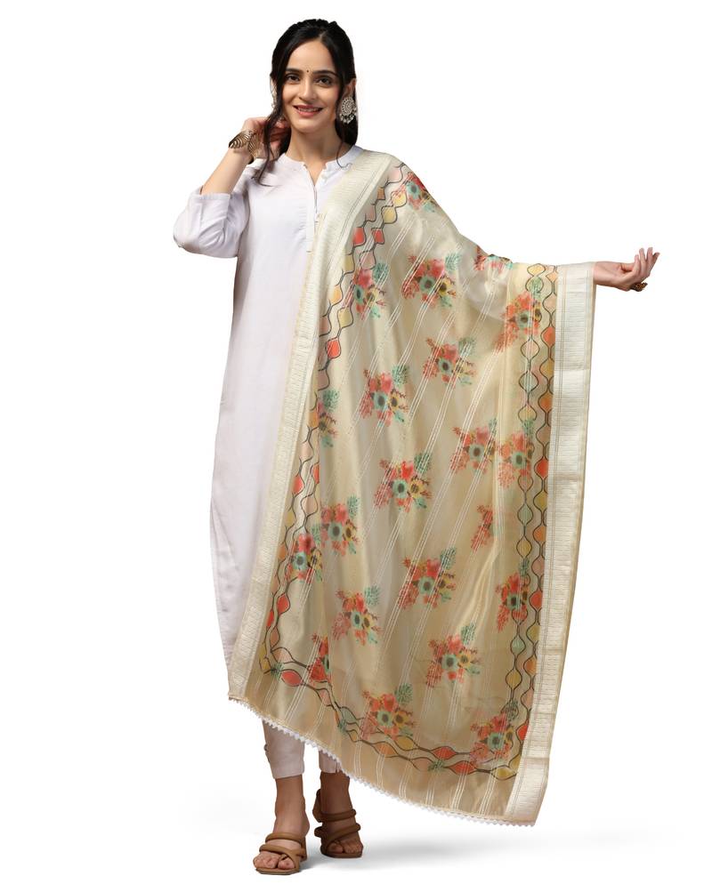 Digital Ethnic Motif Print Orgenza Khadi Silk Crochet Work Regular Dupatta Wear on Kurti For Women and Girls
