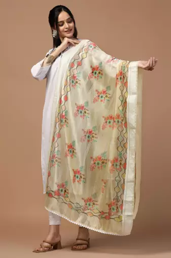 Digital Ethnic Motif Print Orgenza Khadi Silk Crochet Work Regular Dupatta Wear on Kurti For Women and Girls