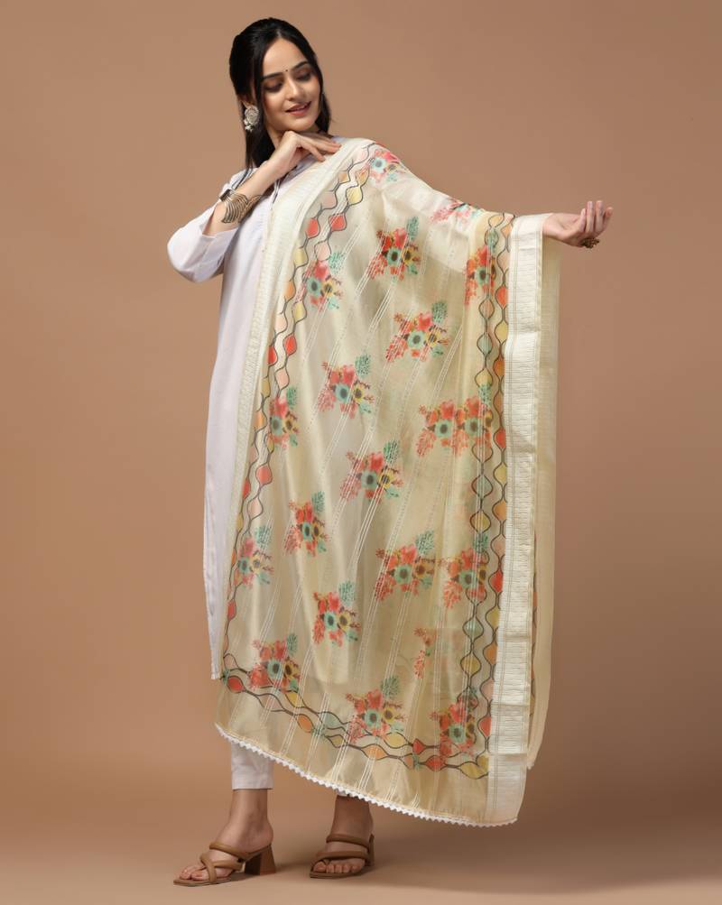 Digital Ethnic Motif Print Orgenza Khadi Silk Crochet Work Regular Dupatta Wear on Kurti For Women and Girls