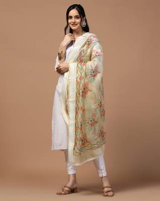Digital Ethnic Motif Print Orgenza Khadi Silk Crochet Work Regular Dupatta Wear on Kurti For Women and Girls 4