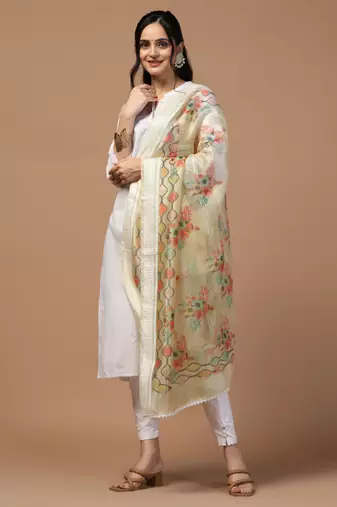 Digital Ethnic Motif Print Orgenza Khadi Silk Crochet Work Regular Dupatta Wear on Kurti For Women and Girls