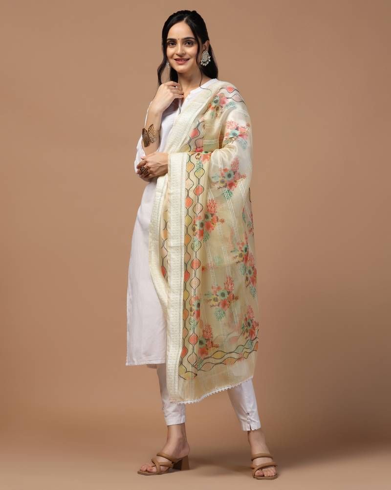 Digital Ethnic Motif Print Orgenza Khadi Silk Crochet Work Regular Dupatta Wear on Kurti For Women and Girls