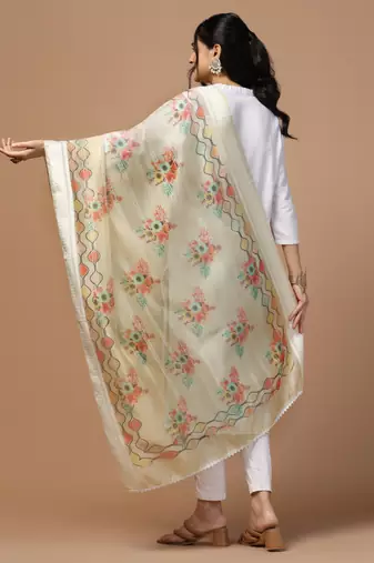 Digital Ethnic Motif Print Orgenza Khadi Silk Crochet Work Regular Dupatta Wear on Kurti For Women and Girls