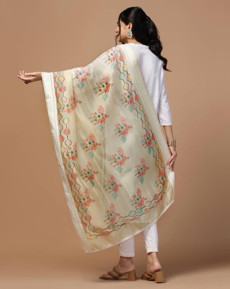 Digital Ethnic Motif Print Orgenza Khadi Silk Crochet Work Regular Dupatta Wear on Kurti For Women and Girls