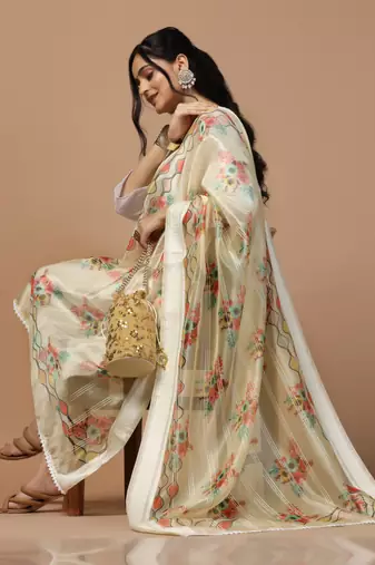 Digital Ethnic Motif Print Orgenza Khadi Silk Crochet Work Regular Dupatta Wear on Kurti For Women and Girls