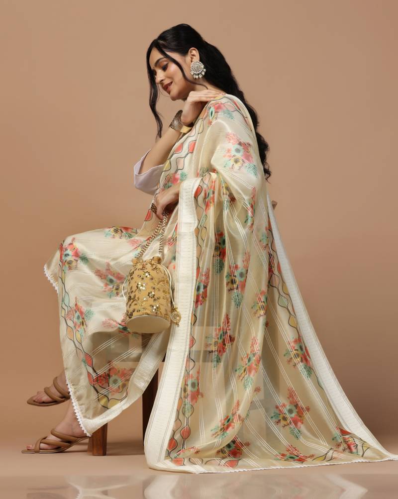 Digital Ethnic Motif Print Orgenza Khadi Silk Crochet Work Regular Dupatta Wear on Kurti For Women and Girls