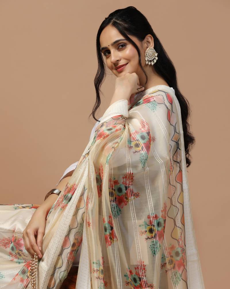 Digital Ethnic Motif Print Orgenza Khadi Silk Crochet Work Regular Dupatta Wear on Kurti For Women and Girls