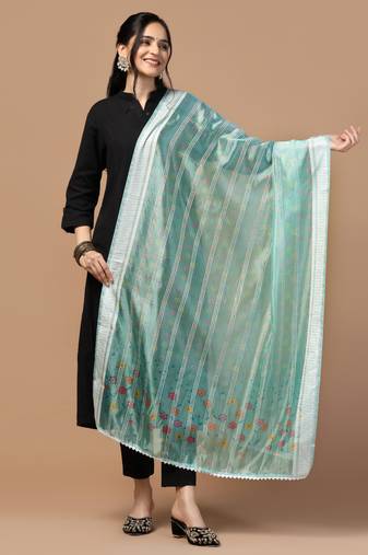 Digital Ethnic Motif Print Orgenza Khadi Silk Crochet Work Regular Dupatta Wear on Kurti For Women and Girls