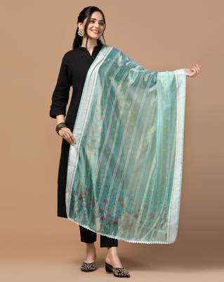 Digital Ethnic Motif Print Orgenza Khadi Silk Crochet Work Regular Dupatta Wear on Kurti For Women and Girls 1