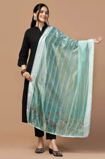 Digital Ethnic Motif Print Orgenza Khadi Silk Crochet Work Regular Dupatta Wear on Kurti For Women and Girls