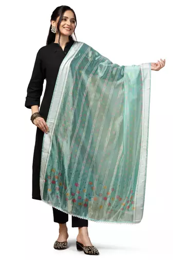 Digital Ethnic Motif Print Orgenza Khadi Silk Crochet Work Regular Dupatta Wear on Kurti For Women and Girls