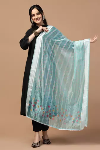 Digital Ethnic Motif Print Orgenza Khadi Silk Crochet Work Regular Dupatta Wear on Kurti For Women and Girls