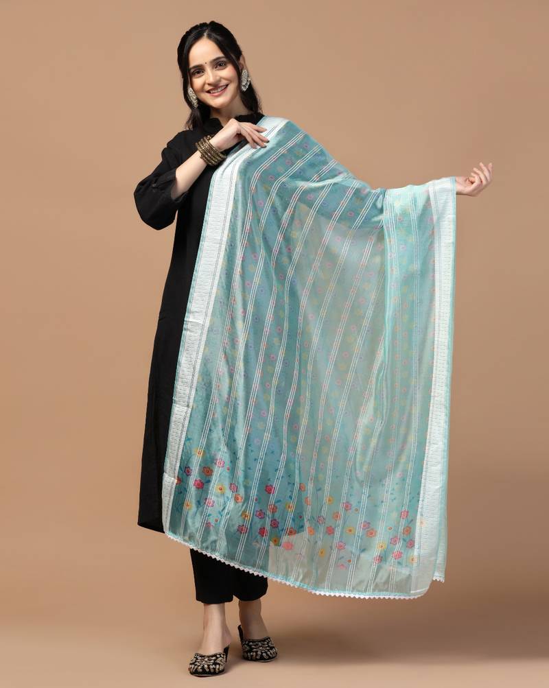 Digital Ethnic Motif Print Orgenza Khadi Silk Crochet Work Regular Dupatta Wear on Kurti For Women and Girls