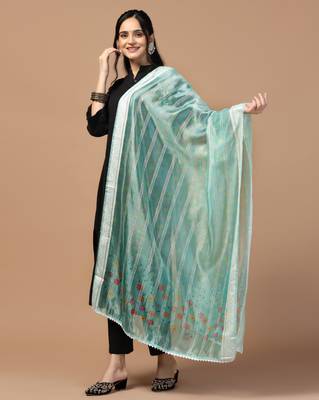 Digital Ethnic Motif Print Orgenza Khadi Silk Crochet Work Regular Dupatta Wear on Kurti For Women and Girls 4