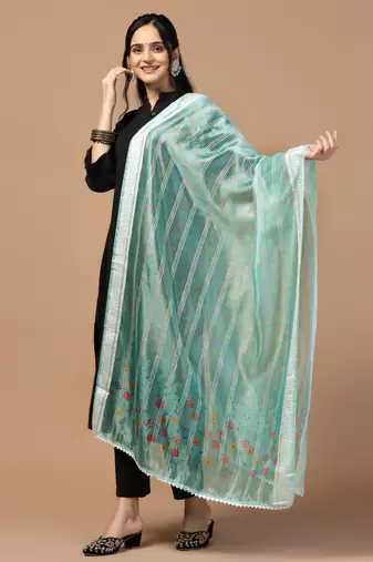 Digital Ethnic Motif Print Orgenza Khadi Silk Crochet Work Regular Dupatta Wear on Kurti For Women and Girls