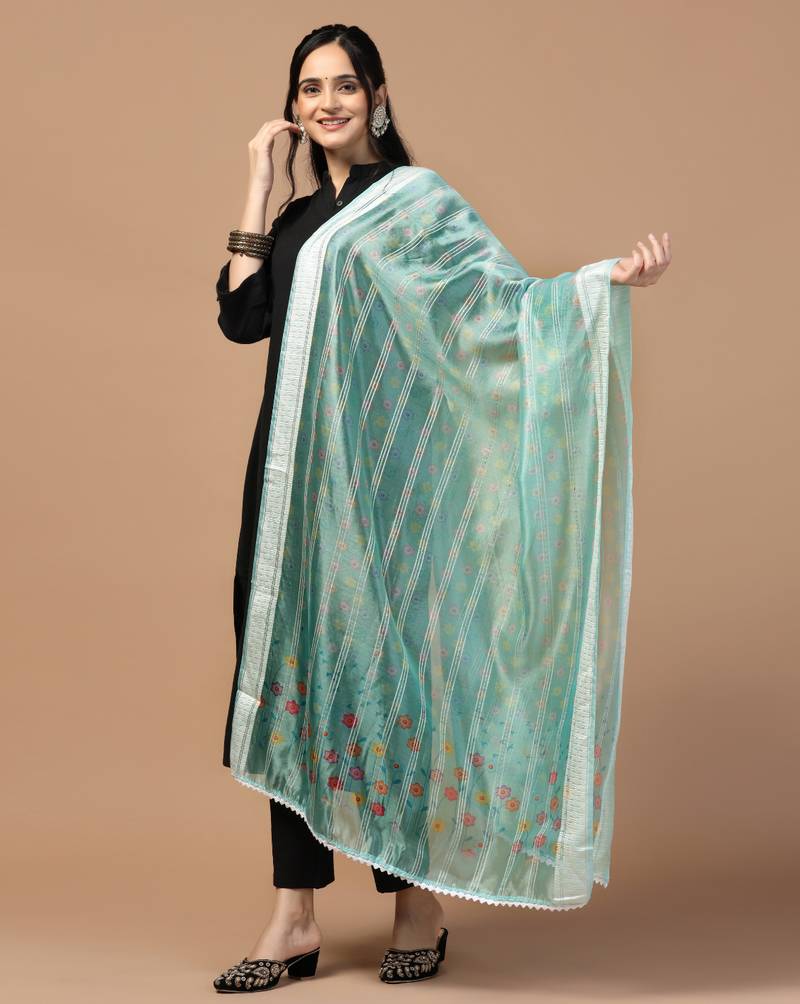 Digital Ethnic Motif Print Orgenza Khadi Silk Crochet Work Regular Dupatta Wear on Kurti For Women and Girls