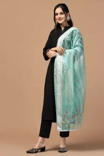 Digital Ethnic Motif Print Orgenza Khadi Silk Crochet Work Regular Dupatta Wear on Kurti For Women and Girls
